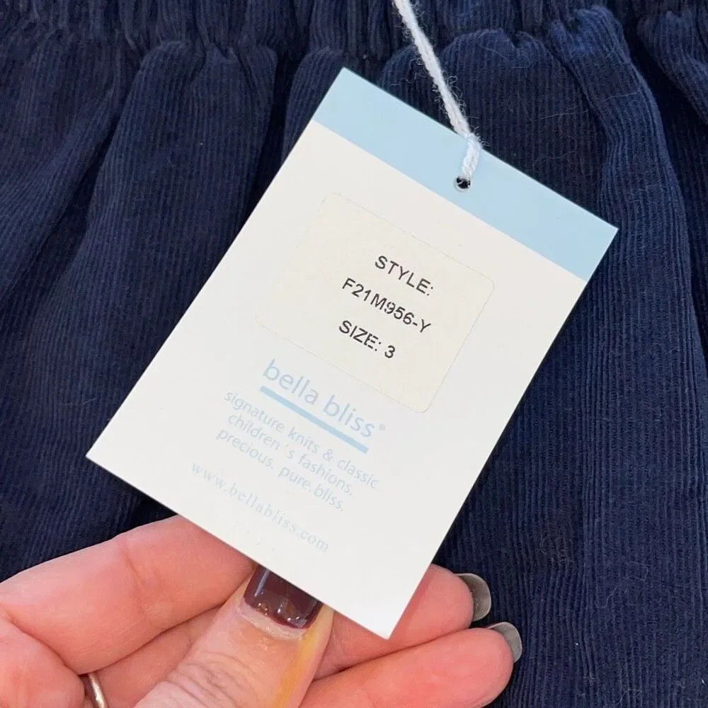 Bella Bliss Kids Corduroy 100% Cotton Sleeveless‎ Romper Navy Size 3 NWT